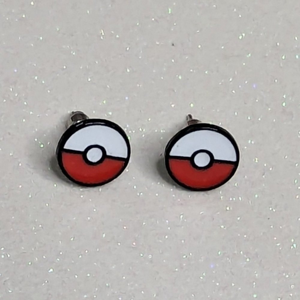 Pokemon Poke ball Acrylic Stud Earrings Red and White - Picture 4 of 7